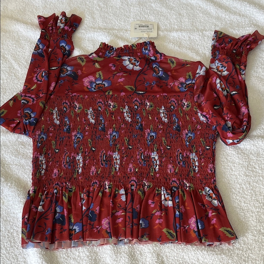 Chelsea & Violet Red Floral Smocked Long-Sleeve Crop Top - Picture 8 of 11